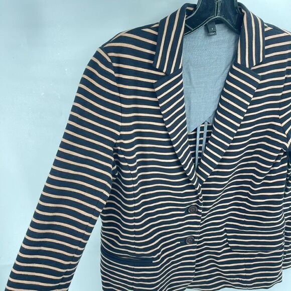 J Crew Womens Blazer Jacket Striped Pocket Cotton Stretch Navy Blue tan Small - Picture 4 of 10